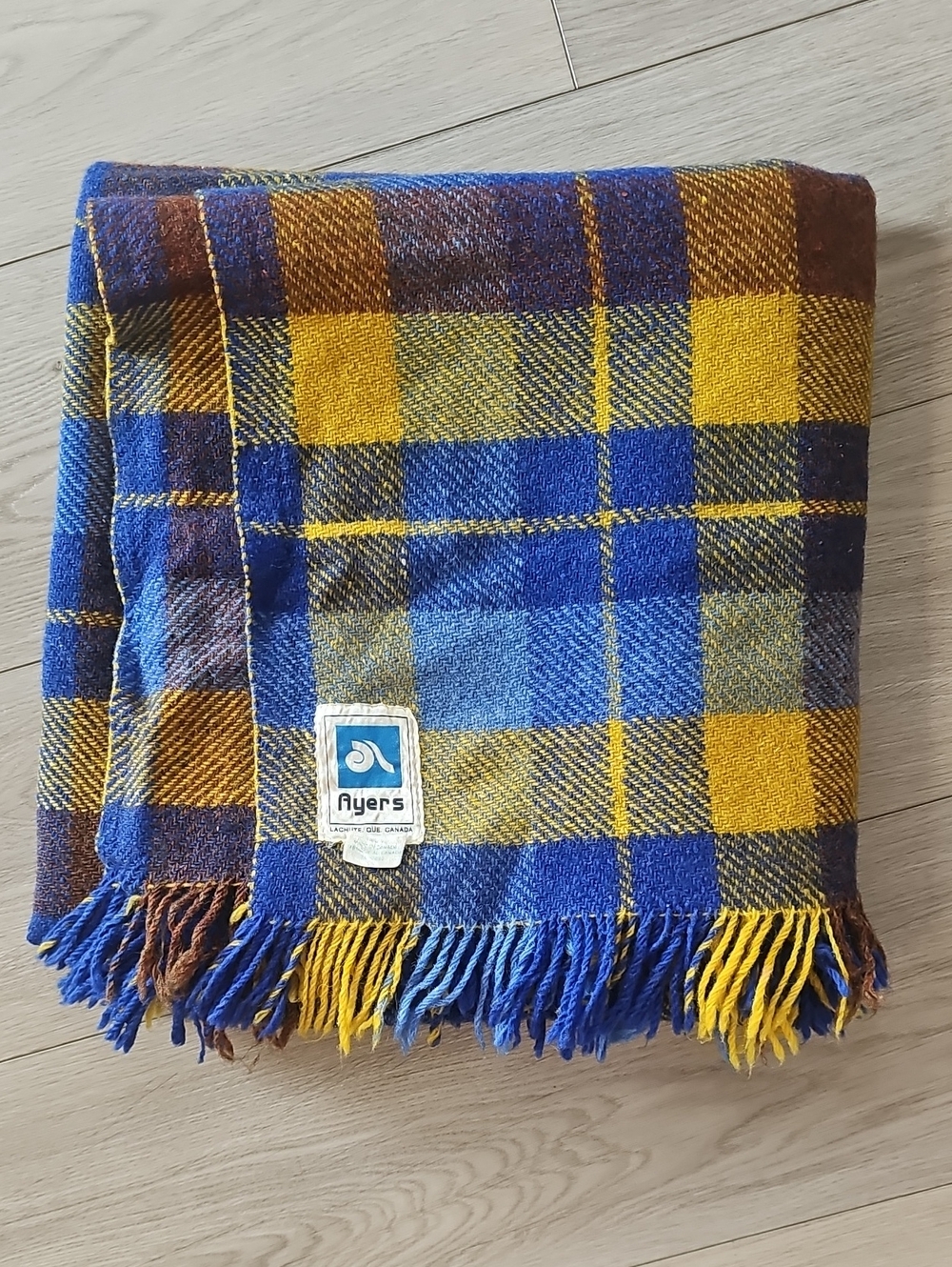 Vintage Ayers Canadian Wool Blend Blue And Yellow Tartan Tassel Throw Blanket